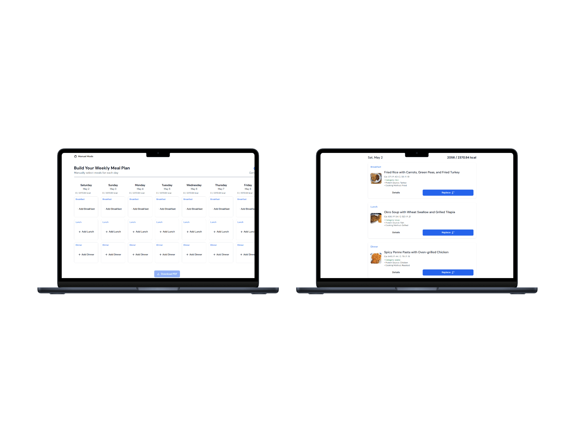 Nuwell Meal Planner App interface showing beautiful dishes
