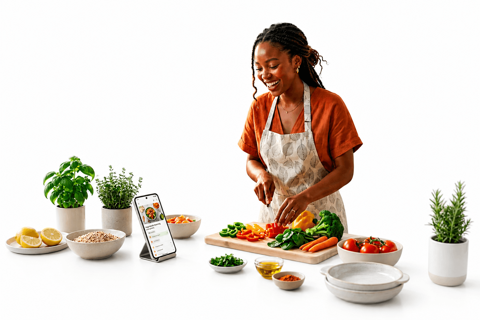 Happy woman using Nuwell to prepare healthy food