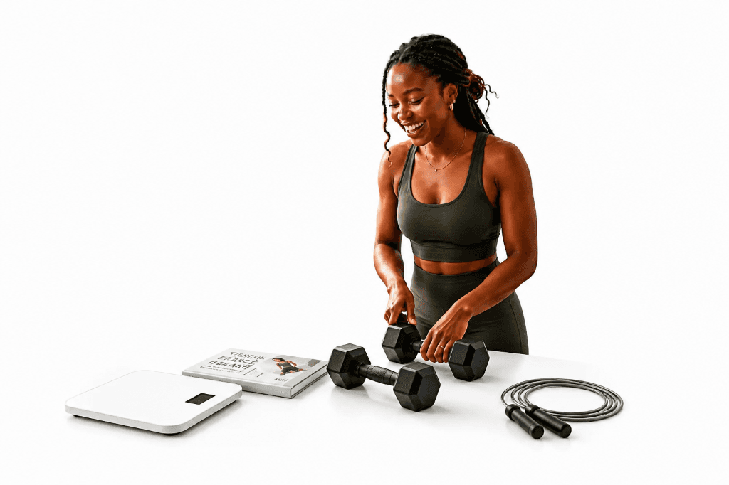 Happy woman using Nuwell for gym training